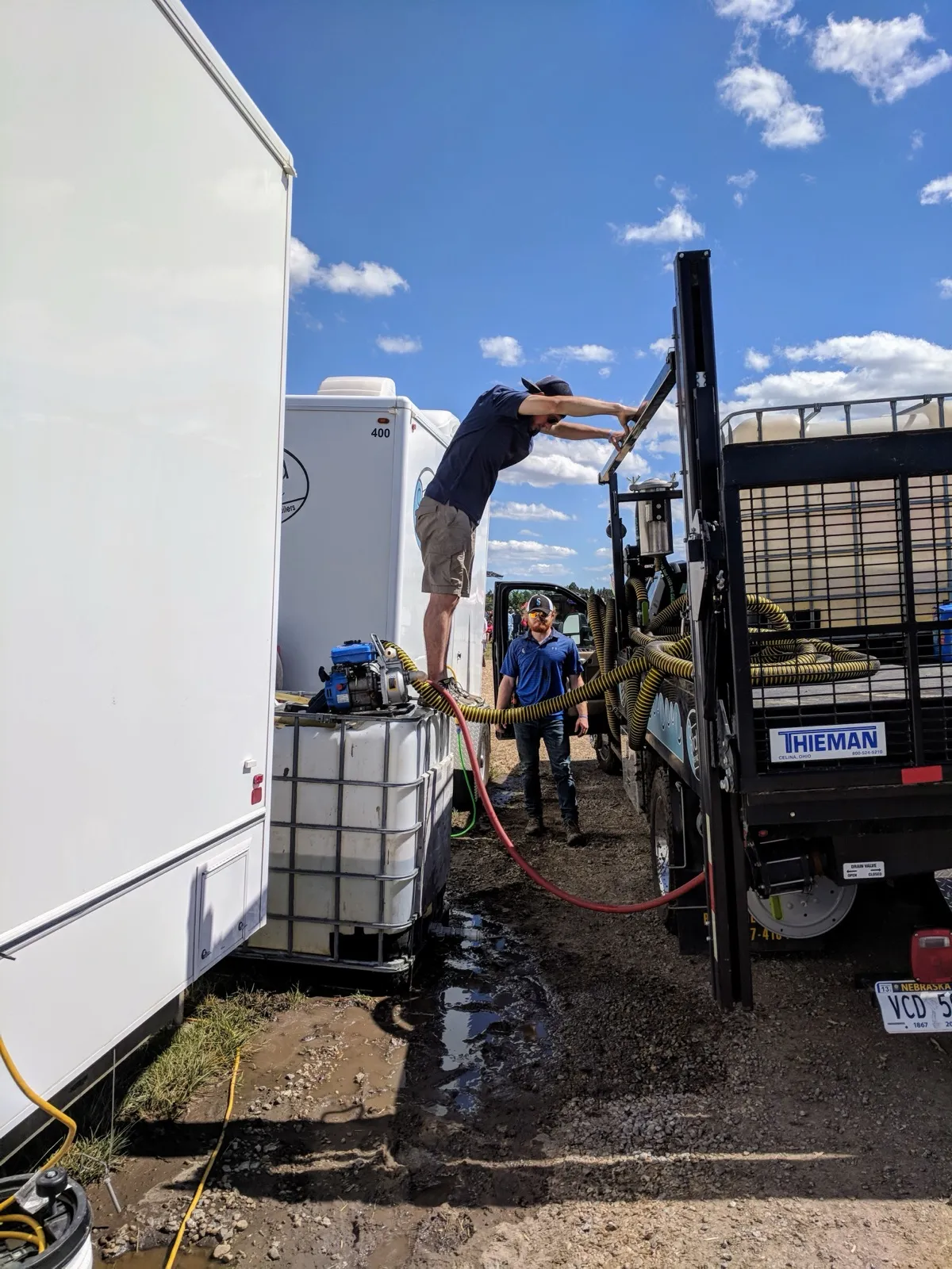 Service crew with pump truck